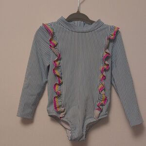 Boden Swimsuit 18-24 Month Blue Striped Ruffle Long Sleeves